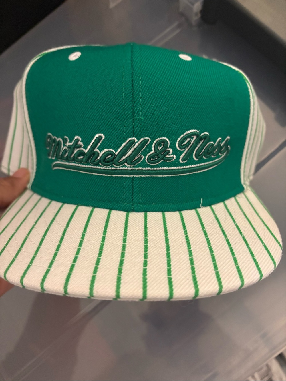 Mitchell & Ness Green and White Pinstripe Snapback Hat